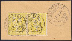 1882, 15Rp. gelb, waagr. Paar mit sehr kräftiger Farbe auf Briefteil ...