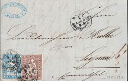 1859, 15Rp. Buntfrankatur Strubel 5 + 10Rp. von Basel (Rundstempel 5 ...
