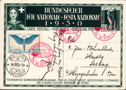 1927, "Flug nach Genf" auf Bundesfeierkarte mit dem roten Bordstempel ...