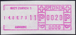 1979, Paketmarke/SFS, "Specimen Zürich 1" Probedruck mit grossen ...