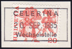 1985, "Celerina - Wechselstelle", exakt auf kl. Briefstück mit 20Rp. ...
