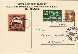 1926, Mustermesse-Flug mit "rötlicher" Vignette auf der off. Karte ...