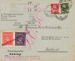 1924, Thalwil: 1.50Fr.-Steuermarken-Frankatur für Dienstleistungen ...