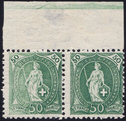 1907, 50Rp. grün, waagr. Paar mit oberem Bogenrand, linke Marke mit ...