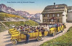 1930, "Furka-Passhöhe mit Automobil-Bergpost", colorierte ...