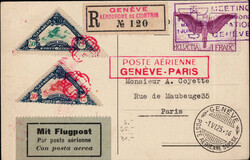 1925, Flugmeeting Genf, Karte mit 2 versch. Vignetten, nach Paris ...