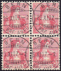 1907, 10Rp. Helvetia Brustbild I im Viererblock, auf der rechten ...