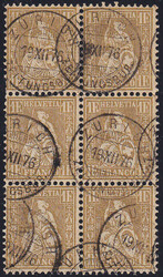 1Fr. golden, Sechserblock, mittlere Marke links mit einem kurzen Zahn ...