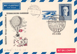 1950/51, 2 illustr. Ballonbelege aus Österreich: Ballonpost Villach ...