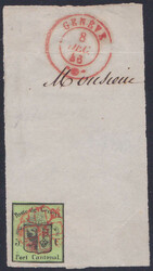 1846, 5Rp. schmal- bis vollrandig auf Ausschnitt mit roter Rosette ...