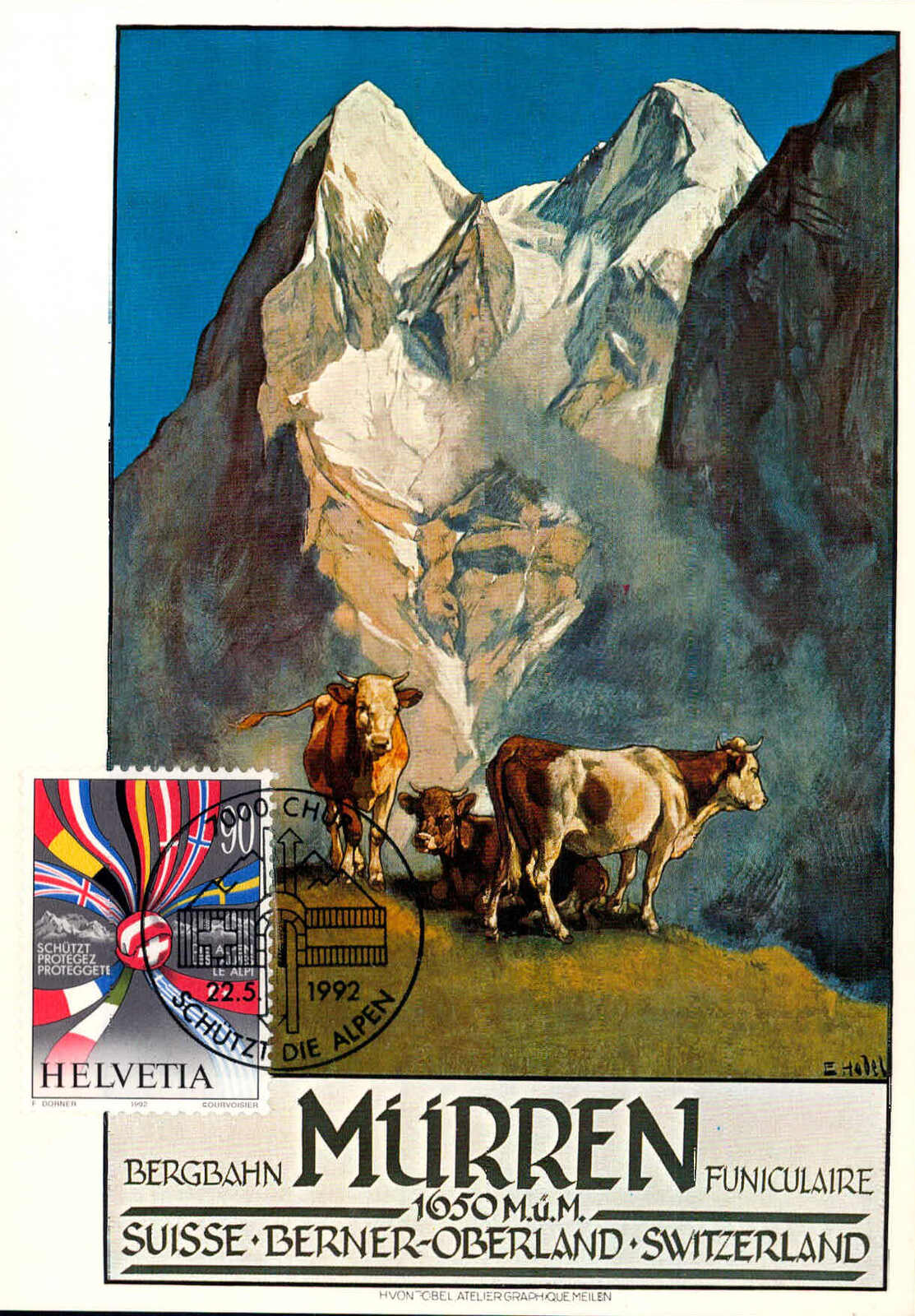 1992, Schutz der Alpen auf farbiger Plakat-AK, attraktive MK ...