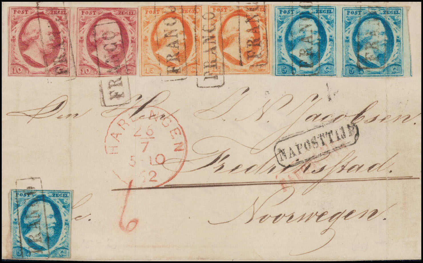 65 C.-Dreifarbenfrankatur, 5 C. (3), 10 C. (2) und 15 C. (2), ...