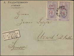 1900, Freimarken, waagerechtes Paar 25 L auf 2 Dr., Aufdruck "A M", ...