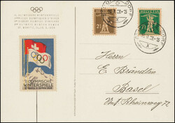 1928,offiz. Karte, Olympia Fahne, mit passender Vignette auf dem ...