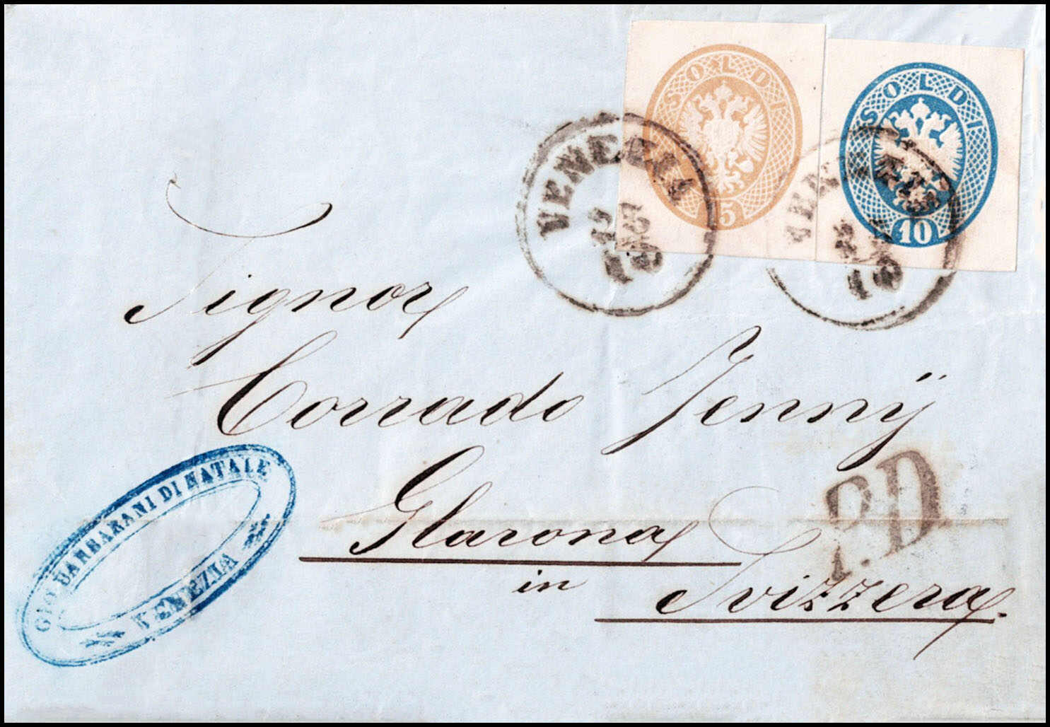 VENETIEN, 1863, Ganzsachen-Ausschnitte 10 S. blau und 15 S. hellbraun ...