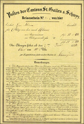 1850, Reiseschein, Posten des Cantons St. Gallen & Schwiz, für 2 ...