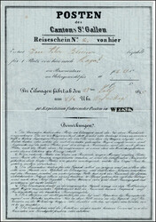 1845, Reiseschein, Posten des Cantons St. Gallen, für 1 Platz nach ...
