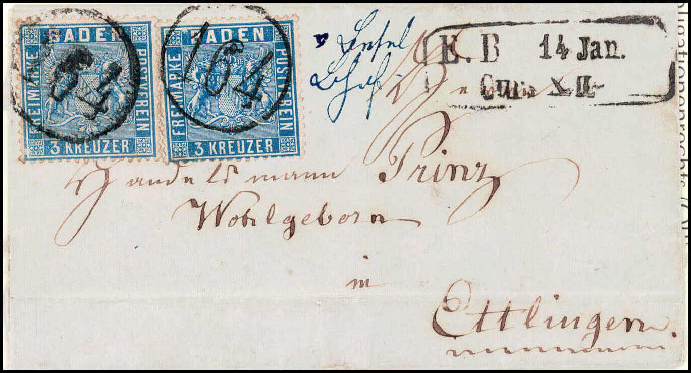 Baden, 2 mal 3 Kr. ultramarin, (6. August 1861), entwertet mit dem ...