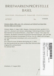 Baden, 2 mal 3 Kr. ultramarin, (6. August 1861), entwertet mit dem ...