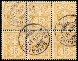 15 Rp. gelb, farbfrischer Sechserblock, gut gezähnt, 3 saubere ...