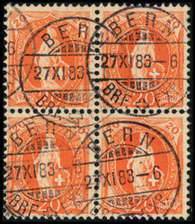 20 Rp. orange, farbfrischer Viererblock mit sauberen VollstempelnBERN ...