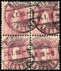 1 Fr. lila, farbfrischer Viererblock mit 4 sauberen Vollstempeln ...