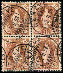 3 Fr. olivbraun, farbfrischer und einwandfrei gezähnterViererblock, ...