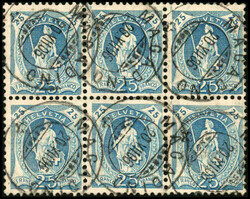 25 Rp. hellblau, Type 2, Sechserblock, jede Marke einzeln mit ...