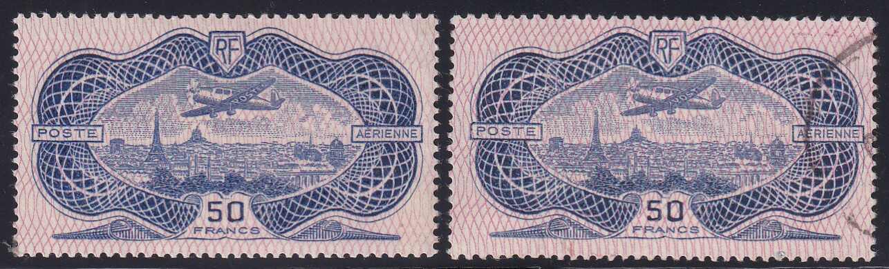 1936, 50Fr. violettblau/rot, Flugzeug über Paris, Marke mit Falzspur ...
