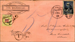 1889, 50 Rp. Nachporto, entwertet EINSIEDELN 6.IX.89 auf zuwenig ...