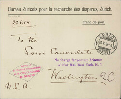 1916, Bureau Zuricois pour la recherche des disparus, Zurich, Stempel ...