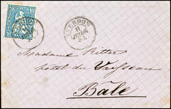 10 Rp.-Frankatur, sauberer Stempel YVERDON 11 JUIL, kleiner Zierbrief ...
