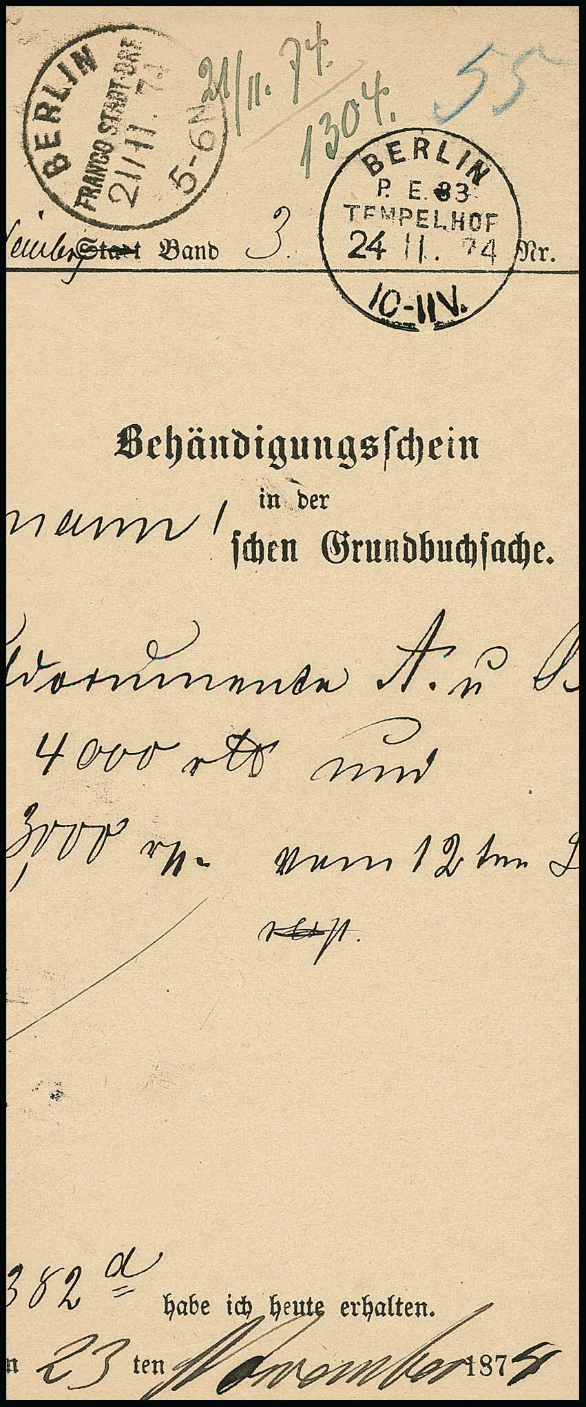 "Berlin P.E. 33 (Tempelhof)", K1 klar 1873 auf drei Orts-Postbeh ...
