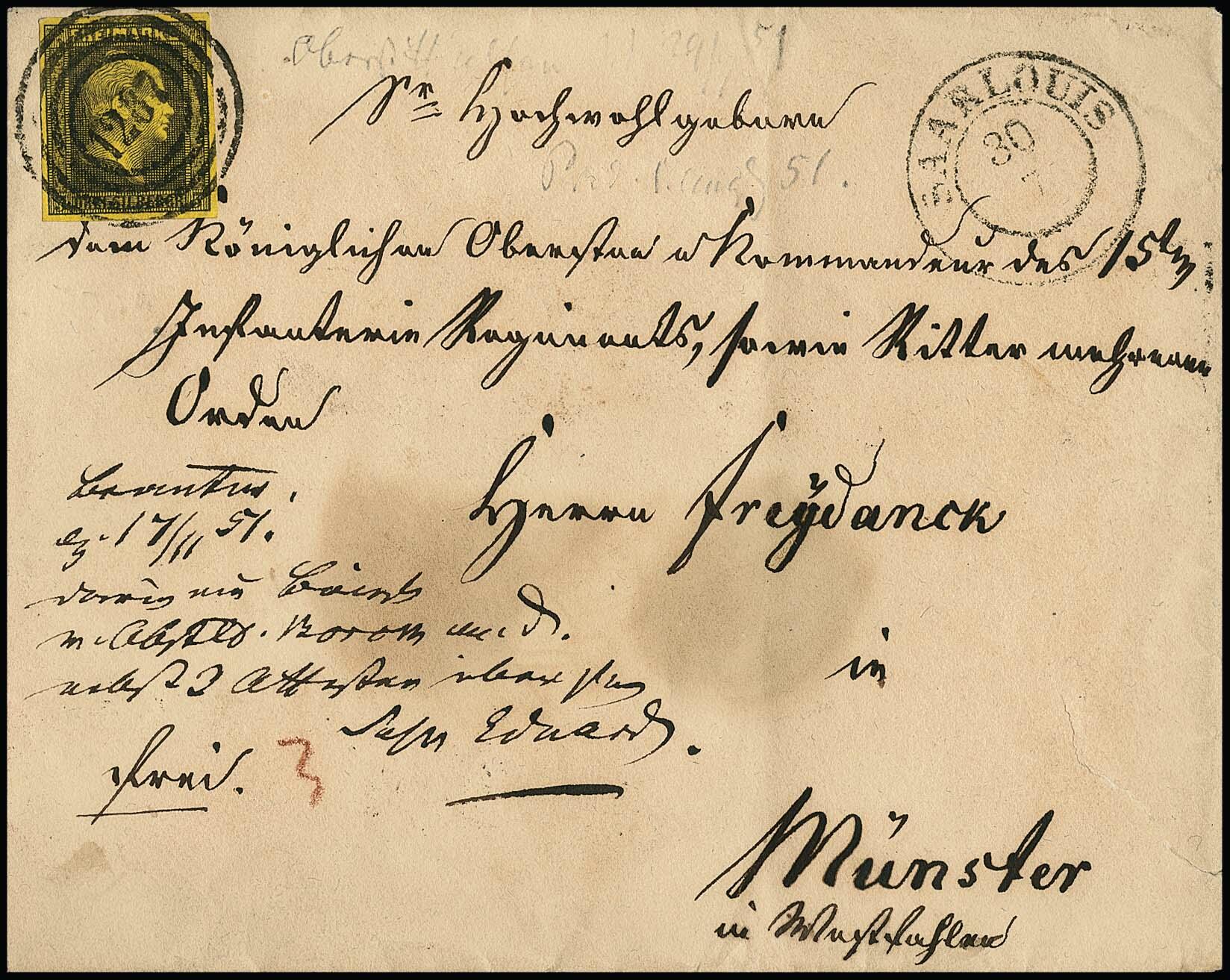 "1287" nebst K2 "Saarlouis" auf Adelscouvert (kl. Randriß und ...