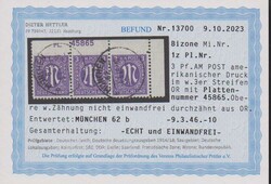 3 Pfg. AM-Post im gestempelten Dreierstreifen aus der rechten oberen ...