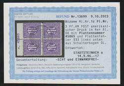 3 Pfg. AM-Post, zentr. gest. Oberrand-Viererblock mit Pl.-Nr. "45865" ...