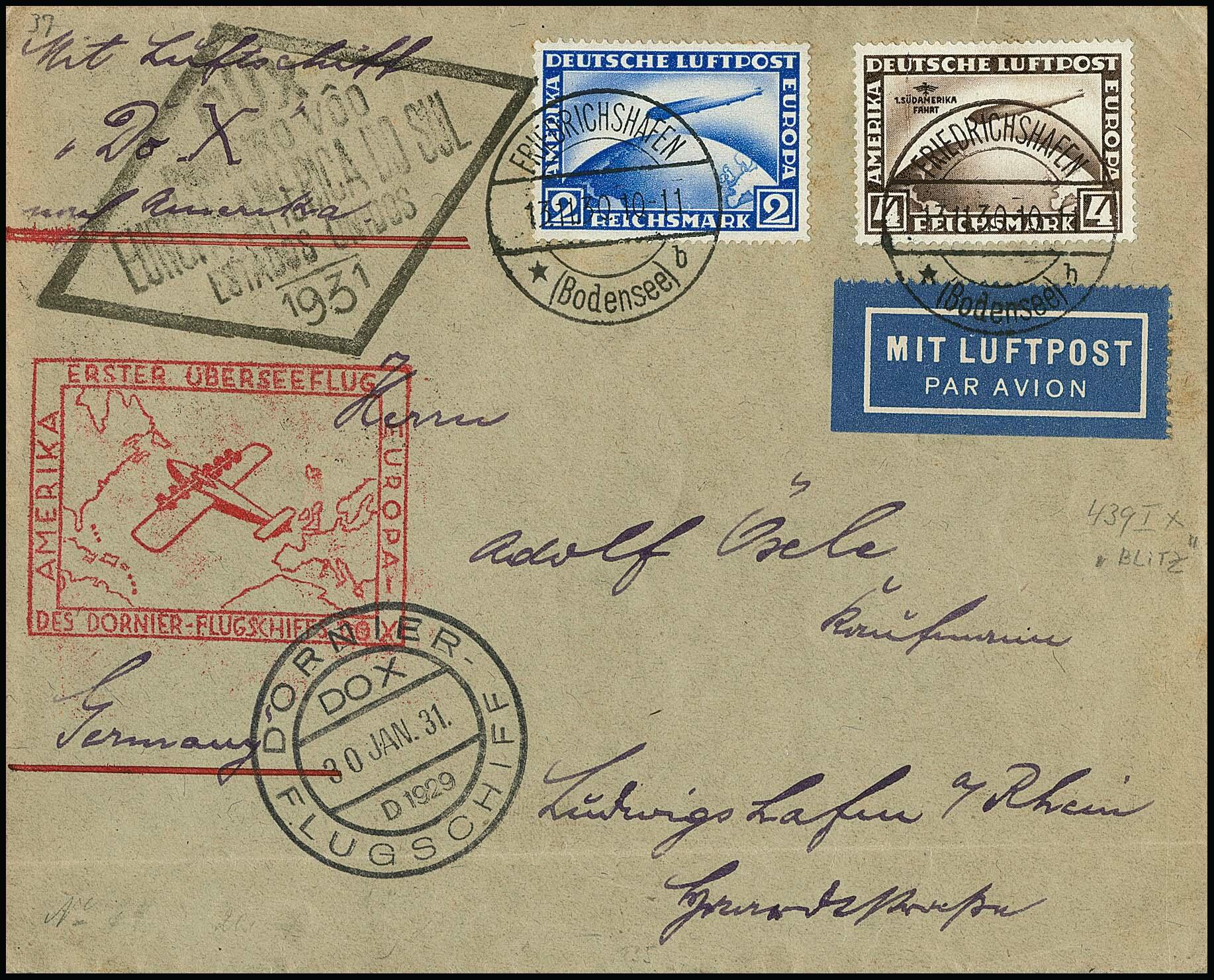 4 RM SAF mit Plattenfehler "Blitz", nebst 2 RM Zeppelin, auf unten ...