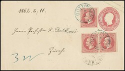 1 Gr. rosa, Paar und Einzelstück, je tadellos, auf Ganzsache 1 Gr. ...
