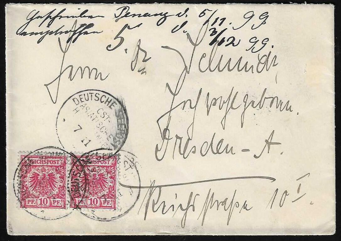"DSP Ostasiatische Hauptlinie", 1899, K1 auf Couvert mit Paar 10 Pfg. ...