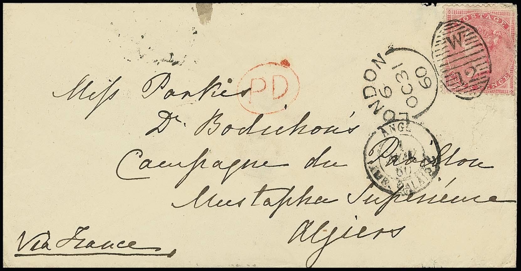 4 P. rosalila (Eckfehler) auf Brief von London 1860 nach ...