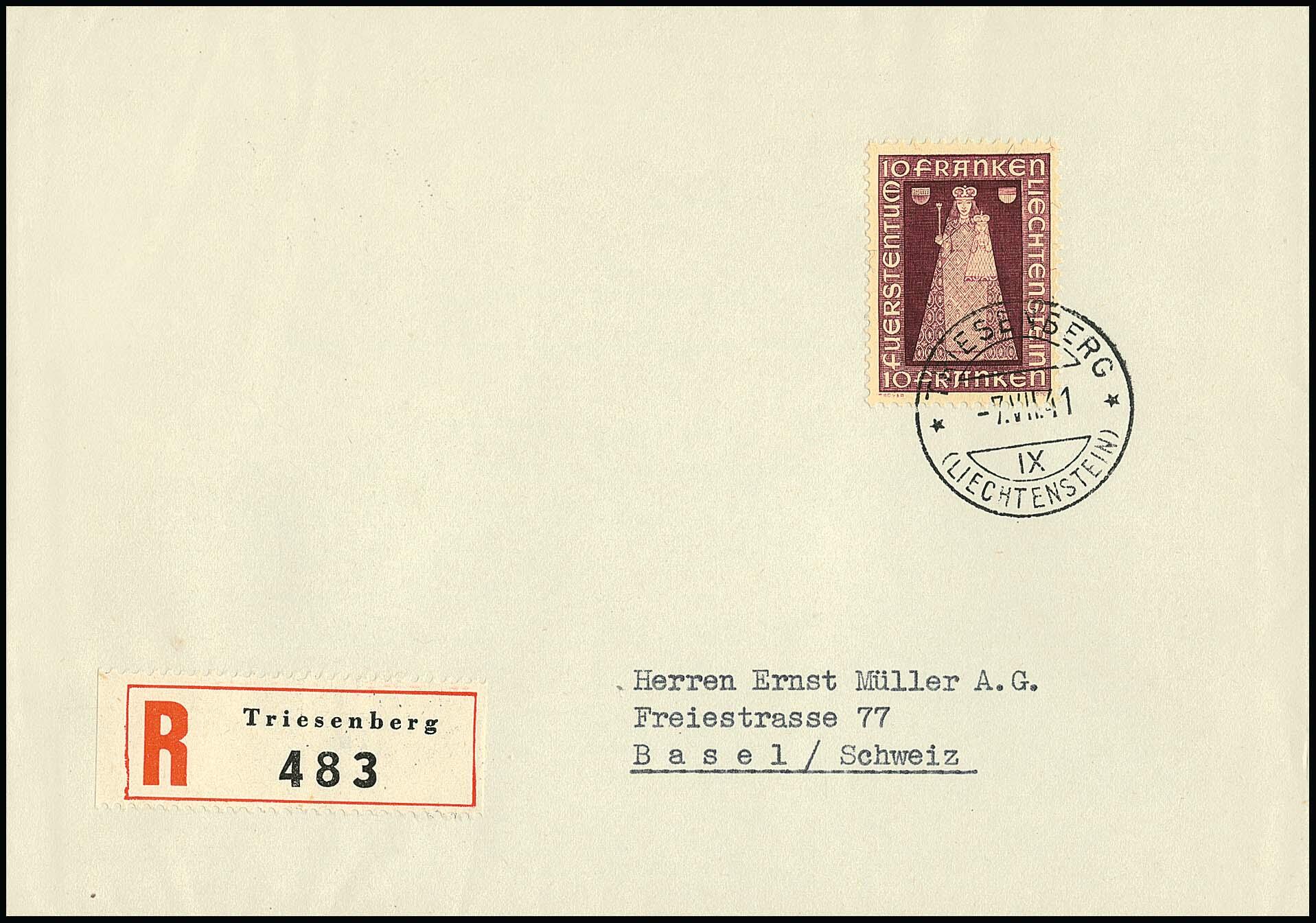 10 Fr. Madonna von Dux, tadelloser Einschreibe-Ersttagsbrief, Mi. ...