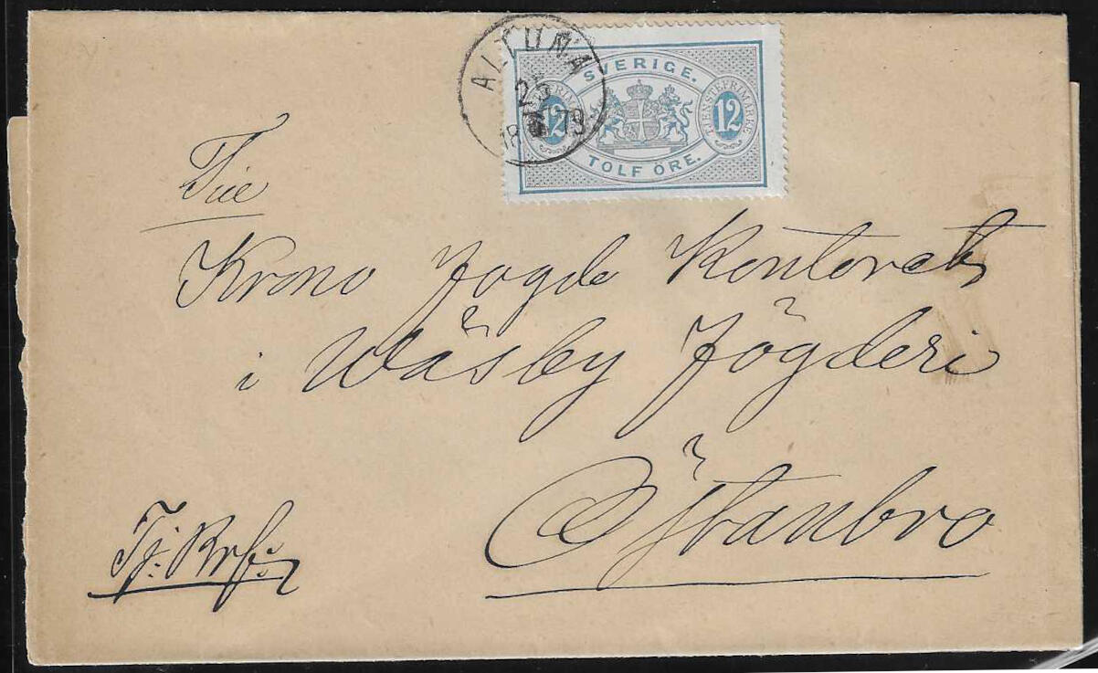 Dienst 12 Ö. blau auf Brief 1879 mit seltenem kleinem K1 "Altuna"