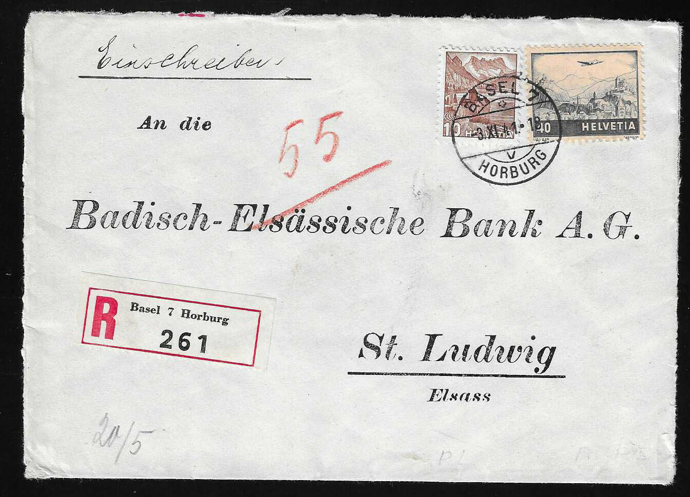 "Basel", 1941/1944, seltener R-Brief (dreiseitig geöffnet), sowie ...