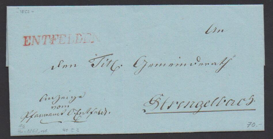 "Entfelden", roter Schreibschrift-L1 auf sauberem Brief ì 1852 (40)