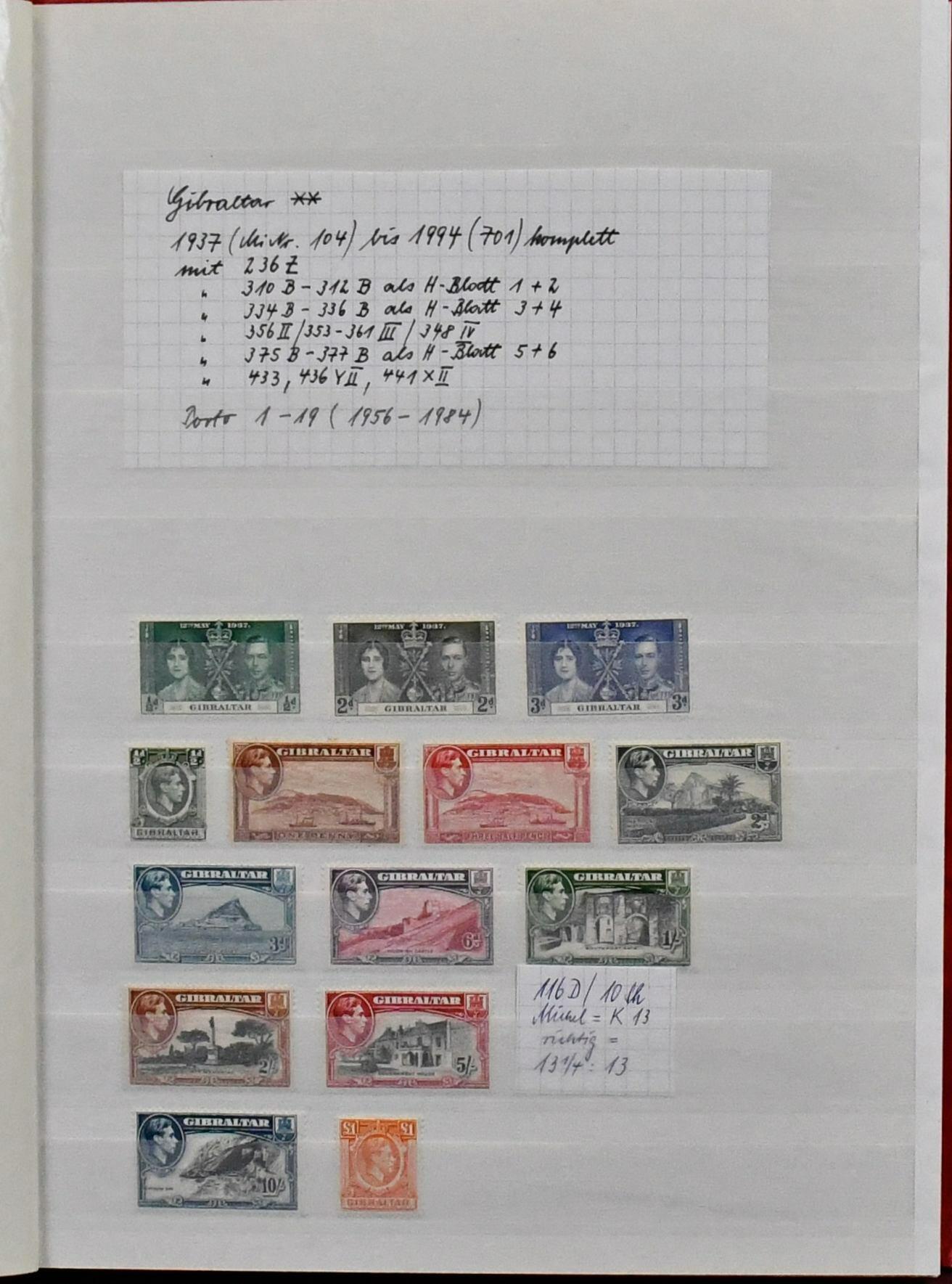 Gibraltar, 1937/1994, postfr. kpl. Sammlung inkl. Nr. 107/17 (Mi. 200 ...