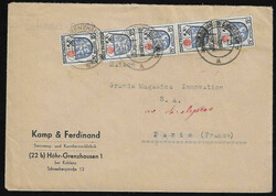 15 Pfg., drei Mehrfach-Frankaturen: per drei auf Auslandskarte von ...