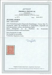 SHS-Kroatien, 1 Kr. karmin, seltener Probedruck mit Doppeldruck der ...