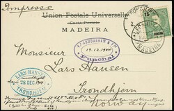 Funchal, 1904, 15 R. grün/schwarz (Eckchen etwas über den Rand ...