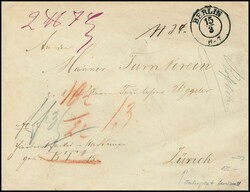 "Berlin", K2 (1851) auf Auslands-Paketbegleitbrief nach ...