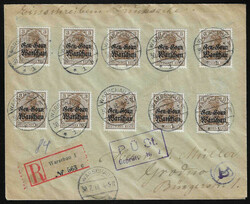 3 Pfg. jeweils per zehn als Mehrfach-Frankaturen auf zwei ...